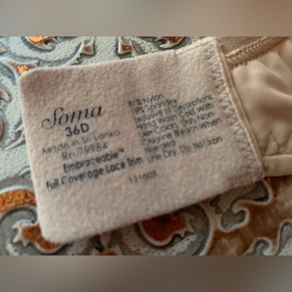 SOMA Embraceable Full Coverage Lace Trim Underwire Bra Size 36D Tan Beige 36 D - Picture 3 of 8